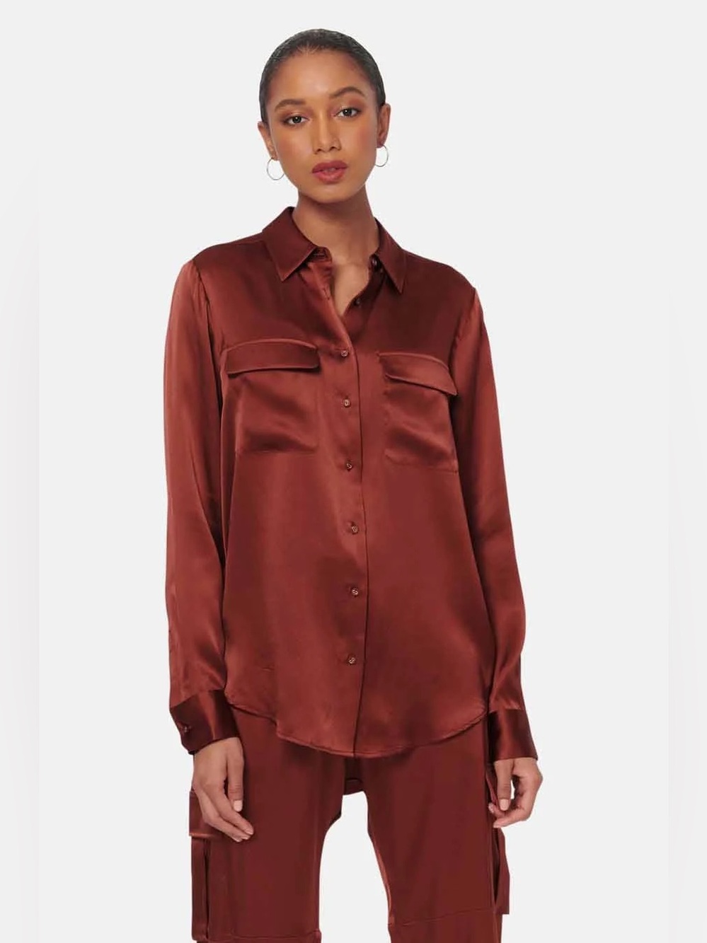 Simply Vera Wang Satin Button-Down Longsleeve Collared Blouse Shirt Burgundy